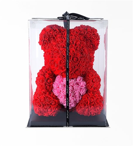 Teddy Rose Bear - Kırmızı Güllü Ayıcık (40Cm) + Pembe Kalpli
